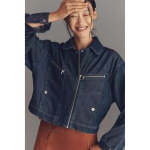 NWT PILCRO Anthropologie Super-Soft Denim Cropped Moto Jacket Blue Women's Med
